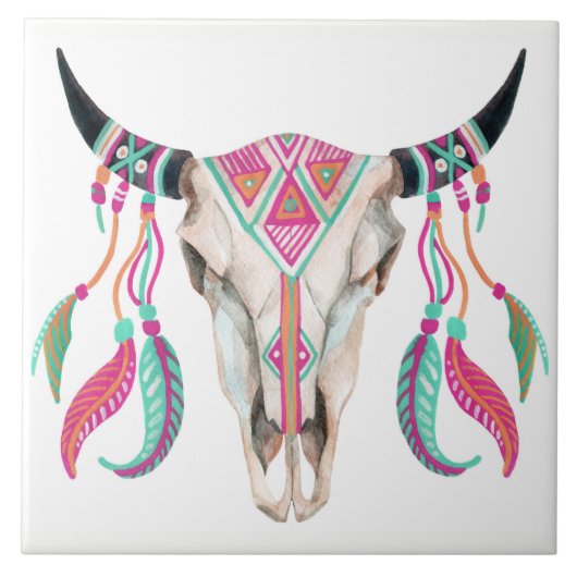 夢のキャッチャーが付いている牛スカル タイル (正面)