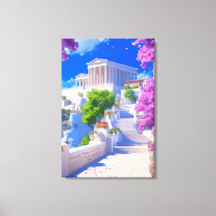 夢のギリシャの風景 白い建物とピンクの花 キャンバスプリント