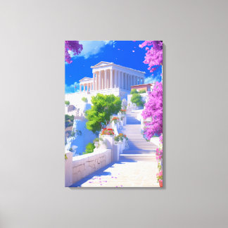 夢のギリシャの風景 白い建物とピンクの花 キャンバスプリント