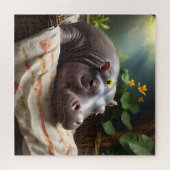 **「夢のバスケット:ベビーヒッポの居心地の良い昼寝」** ジグソーパズル (横)