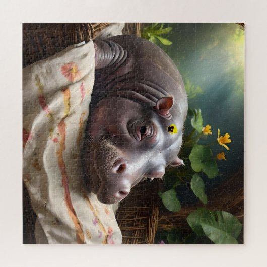 **「夢のバスケット:ベビーヒッポの居心地の良い昼寝」** ジグソーパズル (横)