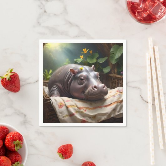 **「夢のバスケット：ベビーヒッポの居心地の良い昼寝」** スタンダードカクテルナプキン (インサイチュ)