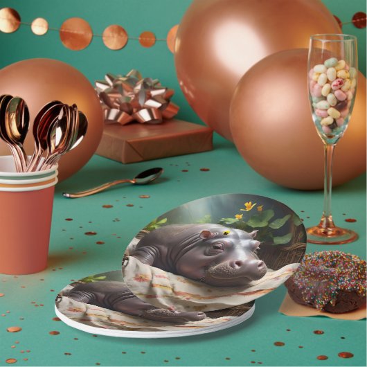 **「夢のバスケット：ベビーヒッポの居心地の良い昼寝」** ペーパープレート (複数)