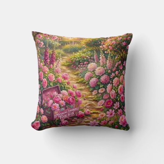 夢のピンクの花園の小径の絵 クッション (正面)