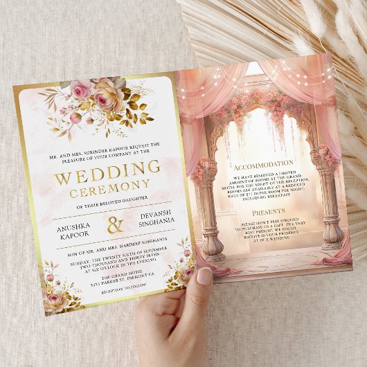 夢のピンクフラワーリングインドのマンダップヒンズー教徒の結婚式 招待状