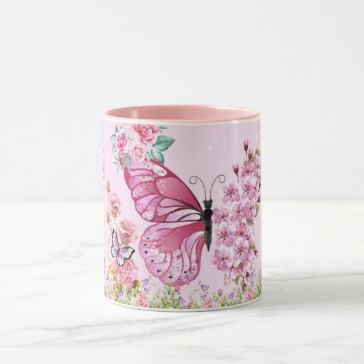 夢のピンク蝶々マグカップ - 花柄美意識コーヒー マグカップ (中央)