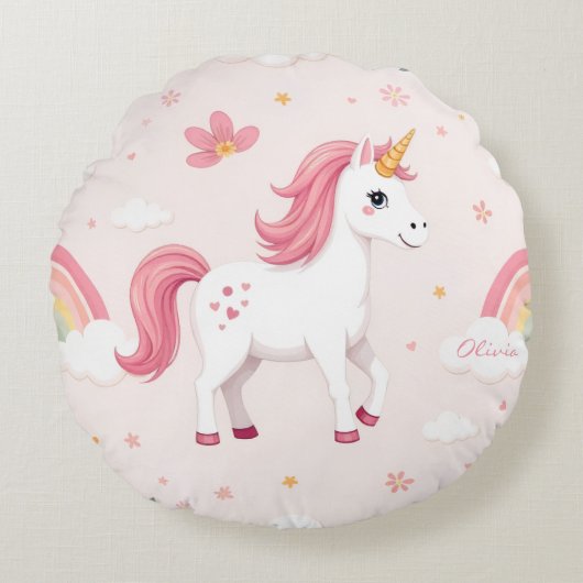 夢のユニコーン，虹，花，かわいい ラウンドクッション (正面)