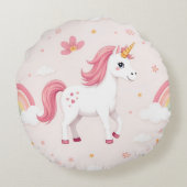 夢のユニコーン，虹，花，かわいい ラウンドクッション (裏面)