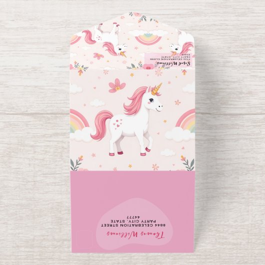 夢のユニコーン,虹,花/誕生日 オールインワン招待状 (外側)