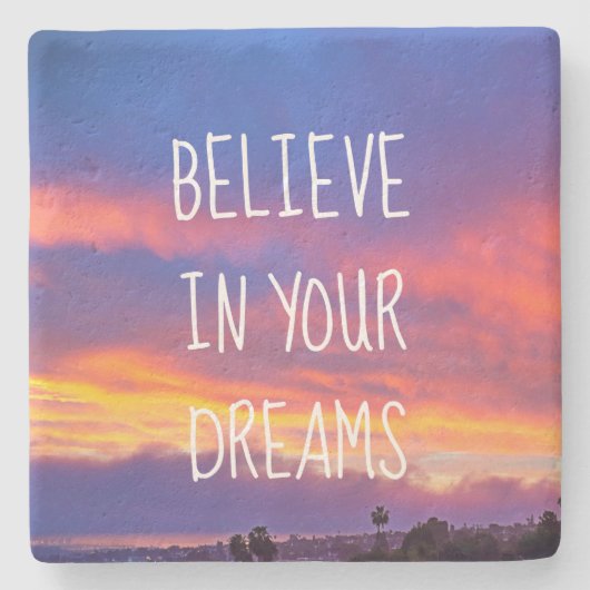 夢の中信じでオレンジ色の紫の夕日の写真 ストーンコースター (正面)