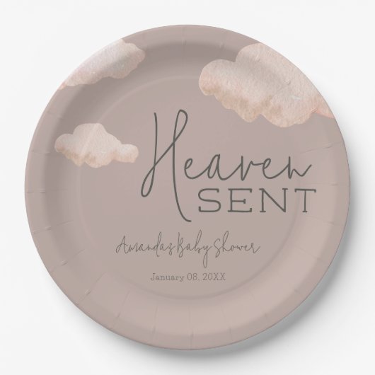 夢の天国送信スカイをテーマにしたベージュベイビーシャワー ペーパープレート (正面)