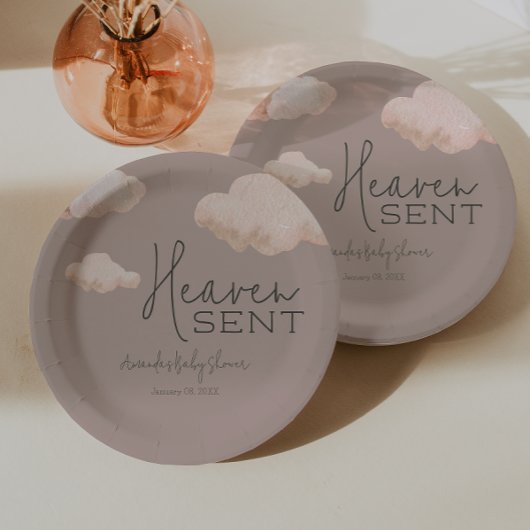 夢の天国送信スカイをテーマにしたベージュベイビーシャワー ペーパープレート