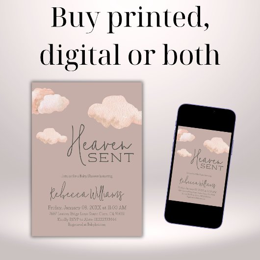 夢の天国送信スカイをテーマにしたベージュベイビーシャワー 招待状