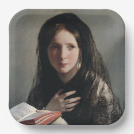 夢の失った中の読若い女性 ペーパープレート