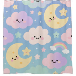 夢の空ブランケット、かわいい雲、月と星 シャワーカーテン