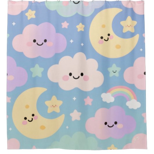夢の空ブランケット、かわいい雲、月と星 シャワーカーテン (正面)