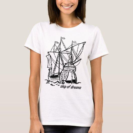 夢の船 壮麗なガレオン船 黒の線画 Tシャツ (正面)