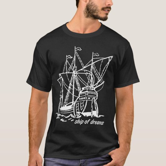 夢の船 壮麗なガレオン 白の線画 Tシャツ (正面)