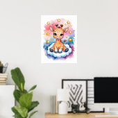  夢の赤ちゃんキリンと雲 - 水彩画  ポスター (ホームオフィス)