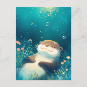 夢の青い水に浮かぶ幸せなカワウソ ポストカード
