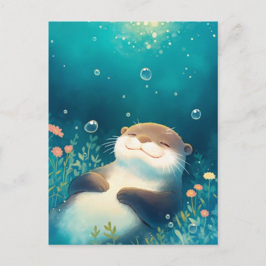 夢の青い水に浮かぶ幸せなカワウソ ポストカード (正面)