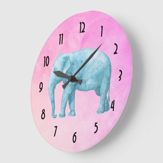 夢みるようなピンクの水彩画の淡いブルーの象 ラージ壁時計 (傾斜)