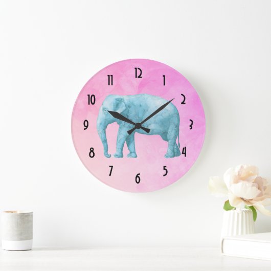夢みるようなピンクの水彩画の淡いブルーの象 ラージ壁時計 (ホーム)