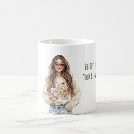 夢を信じて女の子茶髪マグ コーヒーマグカップ (中央)