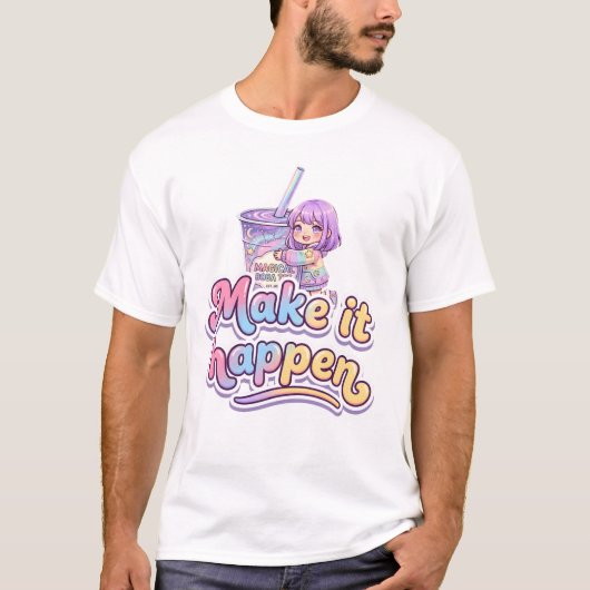 夢を叶えるタピオカティーのちびガール - "叶える"  Tシャツ (正面)