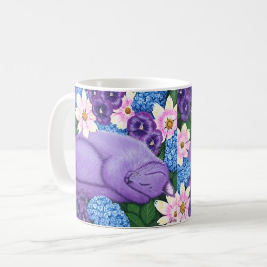 夢を見ながら花を咲かせる紫猫 コーヒーマグカップ (正面左)