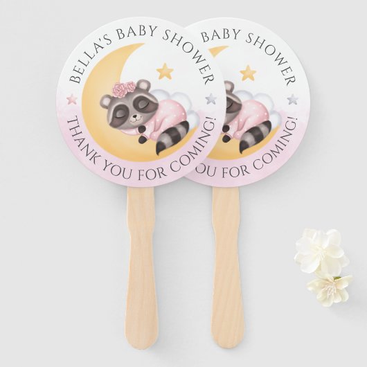 夢を見る月のアライグマの女の子の赤ちゃんシャワー ハンドファン (正面&裏面)