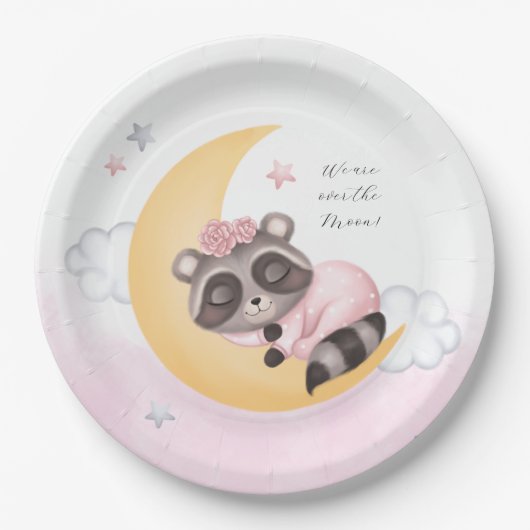 夢を見る月のアライグマの女の子の赤ちゃんシャワー ペーパープレート (正面)