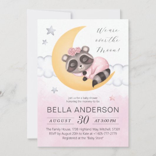 夢を見る月のアライグマの女の子の赤ちゃんシャワー 招待状 (正面)