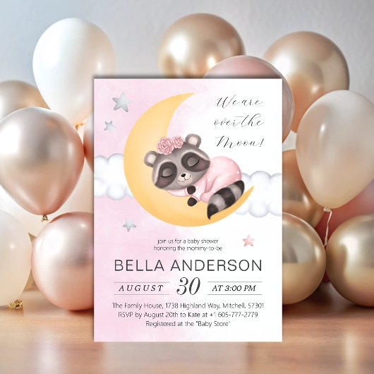 夢を見る月のアライグマの女の子の赤ちゃんシャワー 招待状
