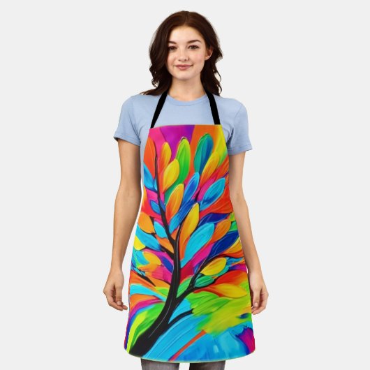 夢カラフルの木 エプロン (着用した状態)