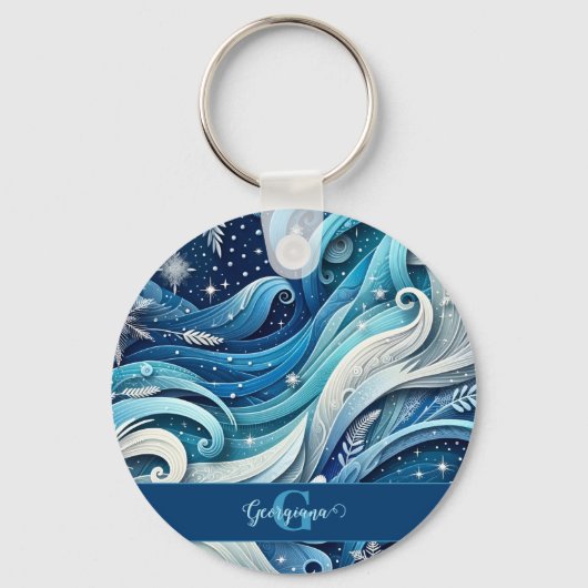 夢パーソナライズされたのような青と霜の降りた冬の渦巻き キーホルダー (裏面)