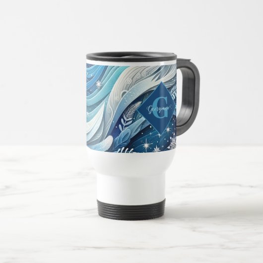 夢パーソナライズされたのような青と霜の降りた冬の渦巻き トラベルマグ (正面右)