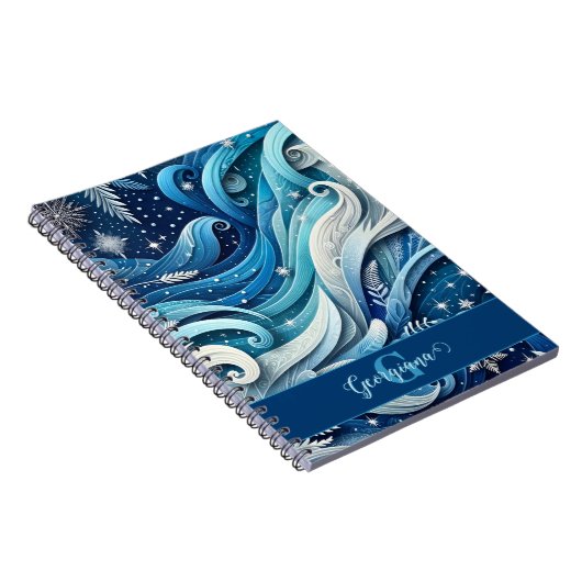 夢パーソナライズされたのような青と霜の降りた冬の渦巻き ノートブック (右側)