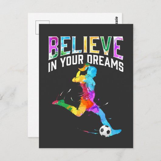 夢信じの中でサッカー女子カラフル ポストカード (正面/裏面)