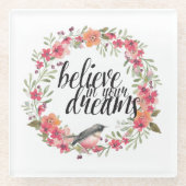 夢信じの中で鳥ピンクのフローラ ガラスコースター (正面)