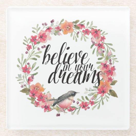 夢信じの中で鳥ピンクのフローラ ガラスコースター (正面)