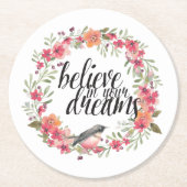 夢信じの中で鳥ピンクのフローラ ラウンドペーパーコースター (正面)