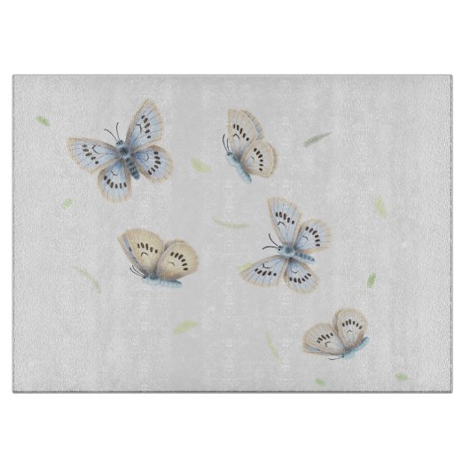 夢心地のフライトで蝶の青とクリーム カッティングボード (正面)