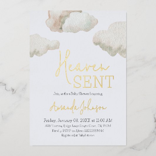 夢想的な天国がブルーボーイベビーシャワーを送信 箔招待状 (正面)