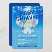 夢想青バルーンベビーゾウ赤ちゃんシャワー 招待状 (正面/裏面)