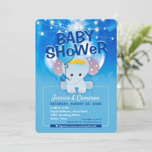 夢想青バルーンベビーゾウ赤ちゃんシャワー 招待状 (スタンド正面)