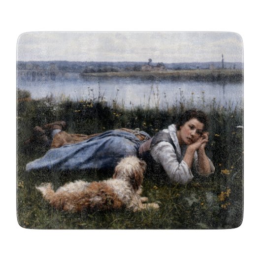 夢想（犬と草の上に横たわる少女） カッティングボード (正面)