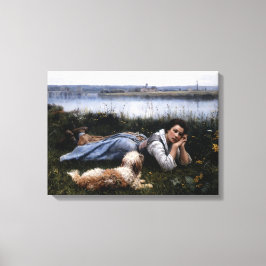 夢想（犬と草の上に横たわる少女） キャンバスプリント