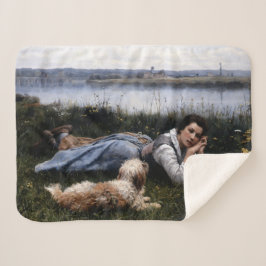 夢想（犬と草の上に横たわる少女） シェルパブランケット