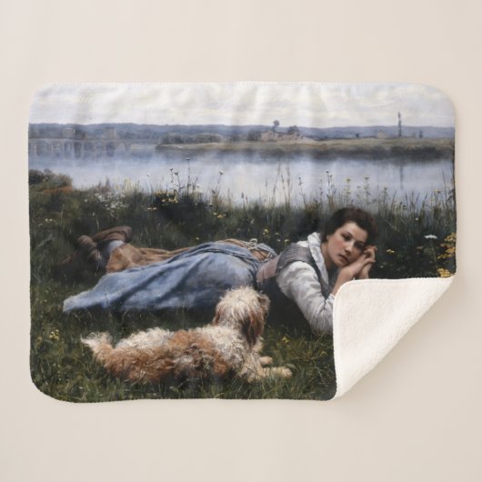 夢想（犬と草の上に横たわる少女） シェルパブランケット (正面(横))